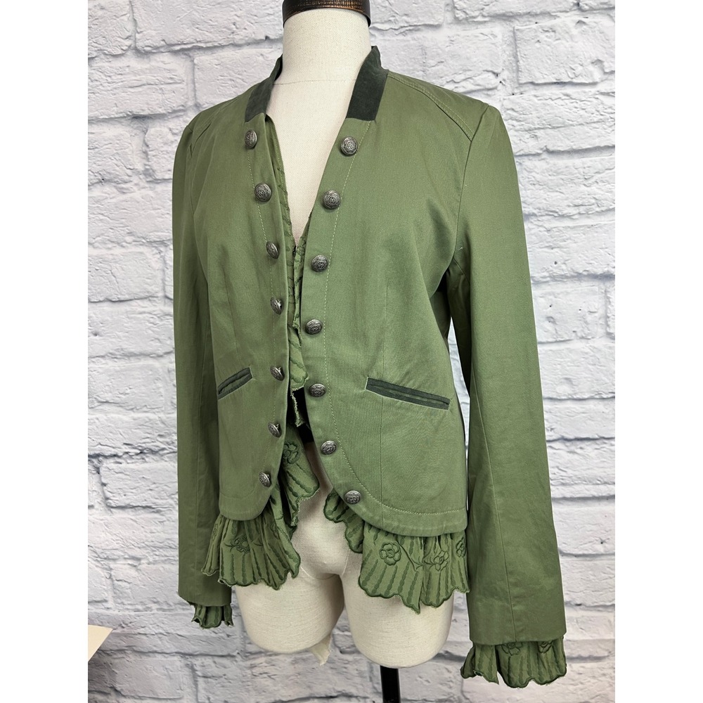New Sundance Military Ruffle Jacket Size M Olive Green Excellent Boho Coat - Picture 6 of 13